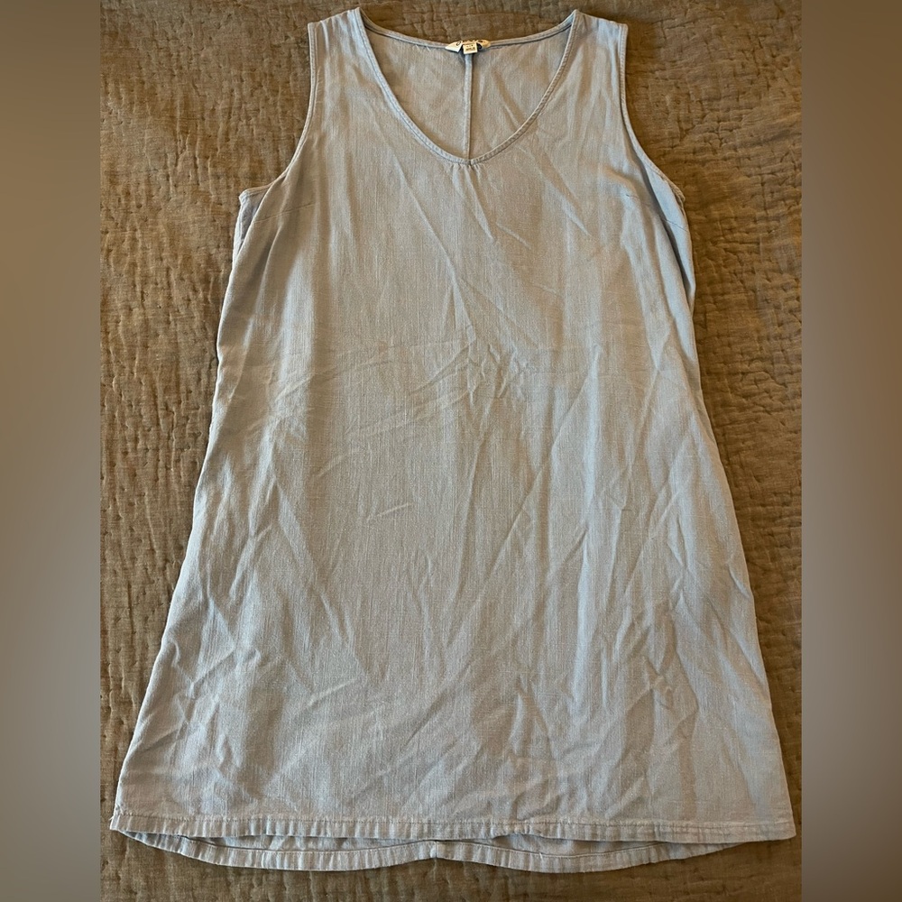 Orvis Women's Light Blue Tank Dress Linen Cotton Blend Sz Large Pockets Classic